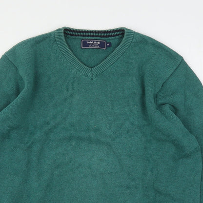 Maine New England Mens Green V-Neck  Cotton Pullover Jumper Size M