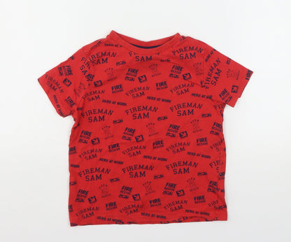 Fireman Sam Boys Red Geometric Cotton Basic T-Shirt Size 4-5 Years Round Neck