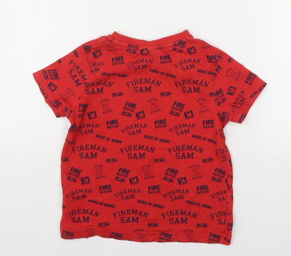 Fireman Sam Boys Red Geometric Cotton Basic T-Shirt Size 4-5 Years Round Neck