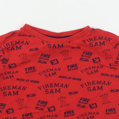 Fireman Sam Boys Red Geometric Cotton Basic T-Shirt Size 4-5 Years Round Neck