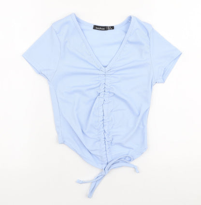 Boohoo Womens Blue  Polyester Cropped T-Shirt Size 6 V-Neck