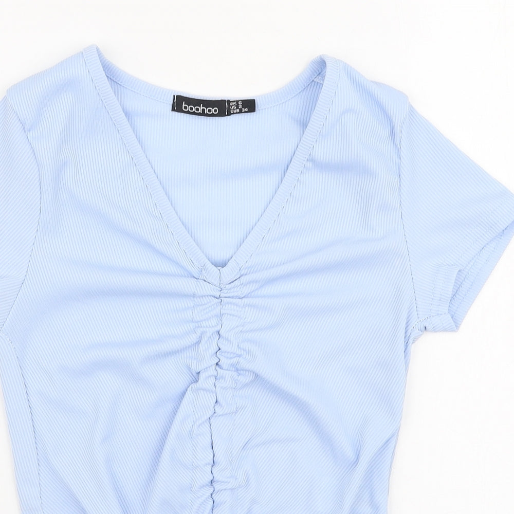 Boohoo Womens Blue  Polyester Cropped T-Shirt Size 6 V-Neck