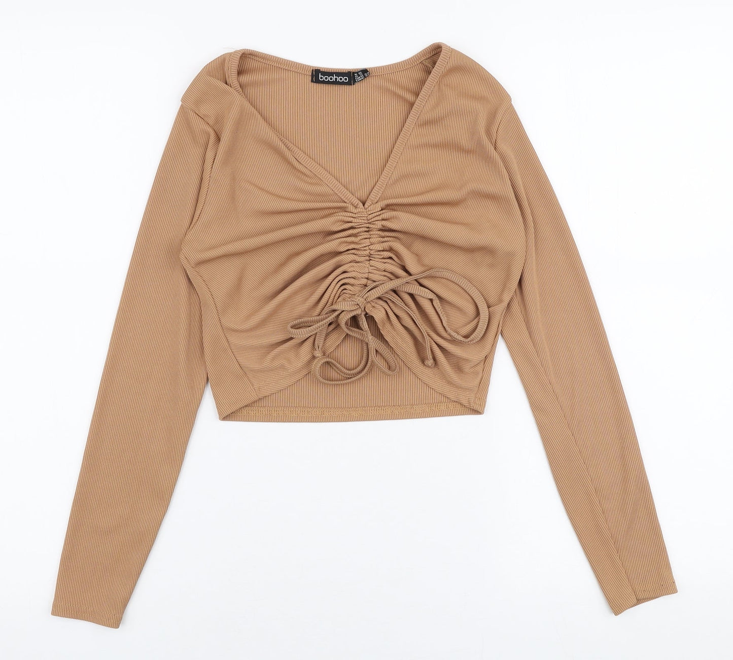 Boohoo Womens Brown  Polyester Basic Blouse Size 6 V-Neck