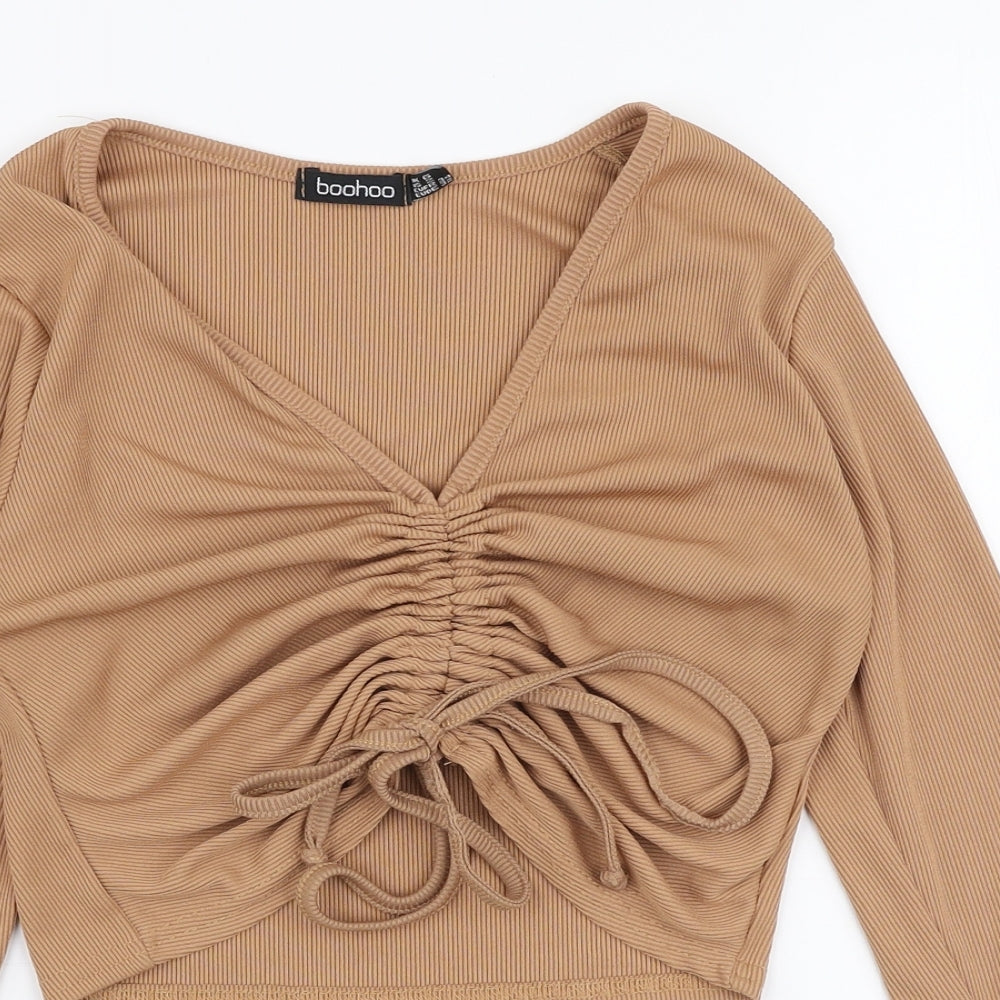 Boohoo Womens Brown  Polyester Basic Blouse Size 6 V-Neck