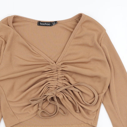 Boohoo Womens Brown  Polyester Basic Blouse Size 6 V-Neck