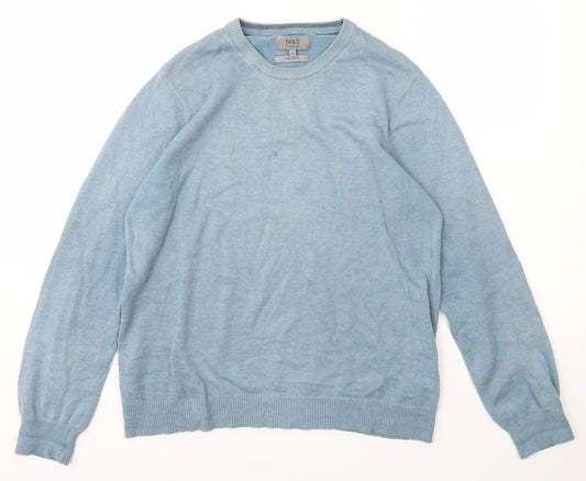 Marks and Spencer Mens Blue Crew Neck  Cotton Pullover Jumper Size S