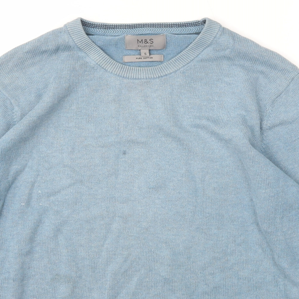 Marks and Spencer Mens Blue Crew Neck  Cotton Pullover Jumper Size S