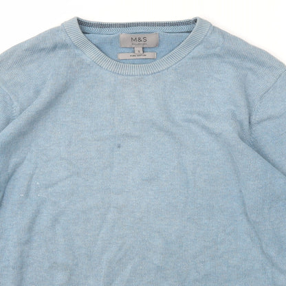 Marks and Spencer Mens Blue Crew Neck  Cotton Pullover Jumper Size S