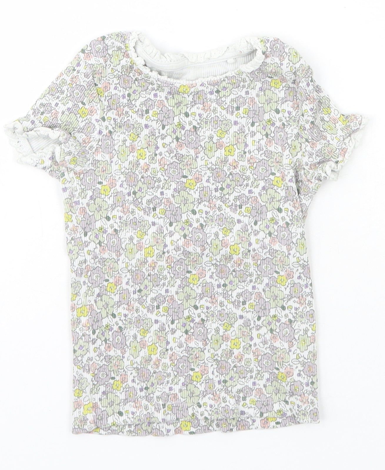 George Girls Ivory Floral Cotton Basic T-Shirt Size 4-5 Years Crew Neck Pullover