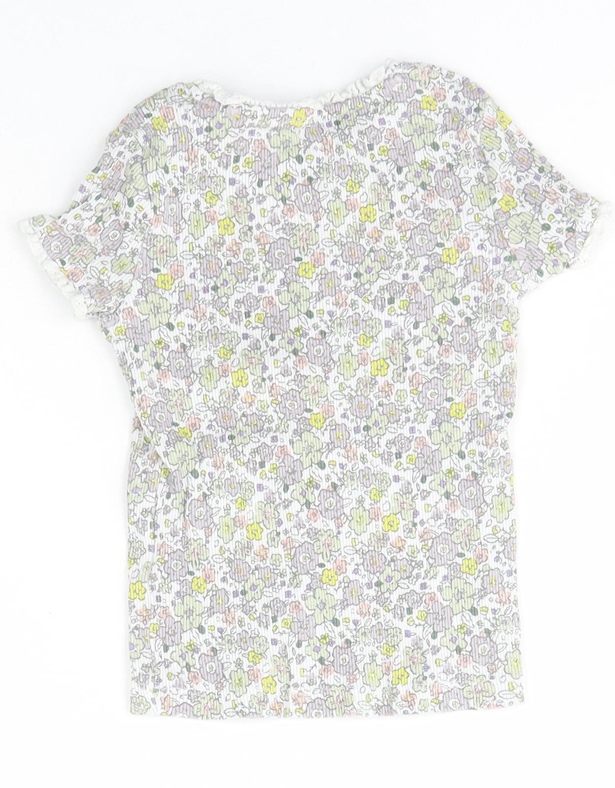 George Girls Ivory Floral Cotton Basic T-Shirt Size 4-5 Years Crew Neck Pullover