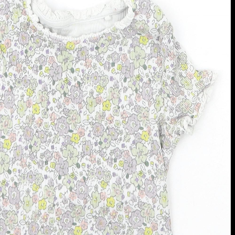 George Girls Ivory Floral Cotton Basic T-Shirt Size 4-5 Years Crew Neck Pullover