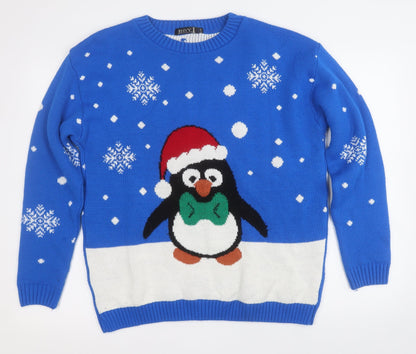 Envy Womens Blue Round Neck  Acrylic Pullover Jumper Size L   - Penguin