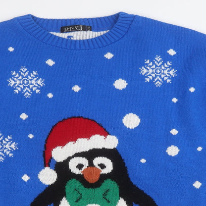 Envy Womens Blue Round Neck  Acrylic Pullover Jumper Size L   - Penguin