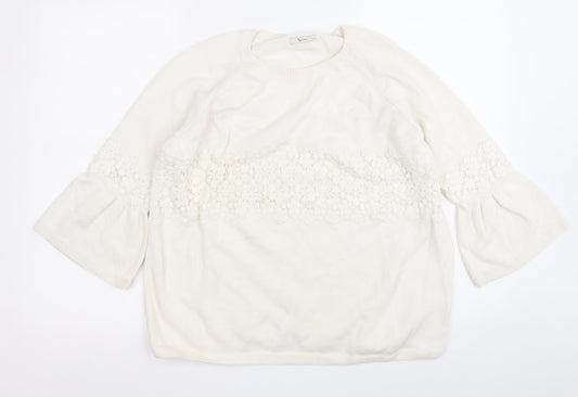 TU Womens White Round Neck Floral Cotton Pullover Jumper Size 18