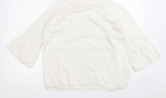 TU Womens White Round Neck Floral Cotton Pullover Jumper Size 18