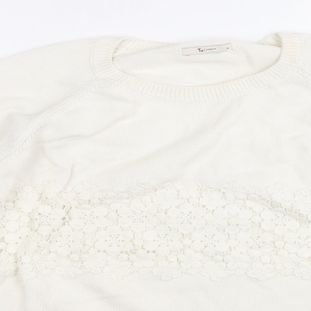 TU Womens White Round Neck Floral Cotton Pullover Jumper Size 18