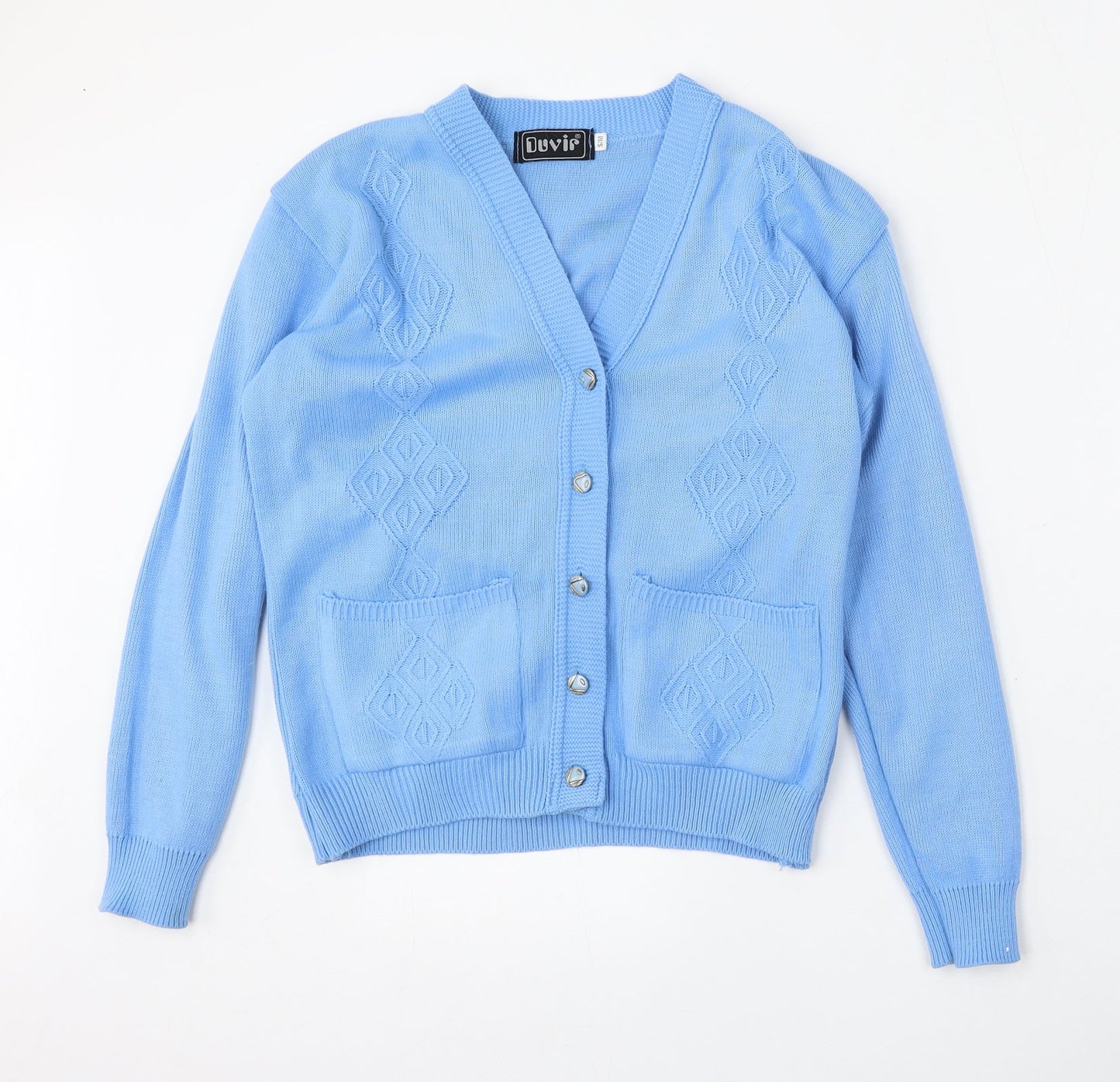 Duvir Womens Blue V-Neck  Acrylic Cardigan Jumper Size S
