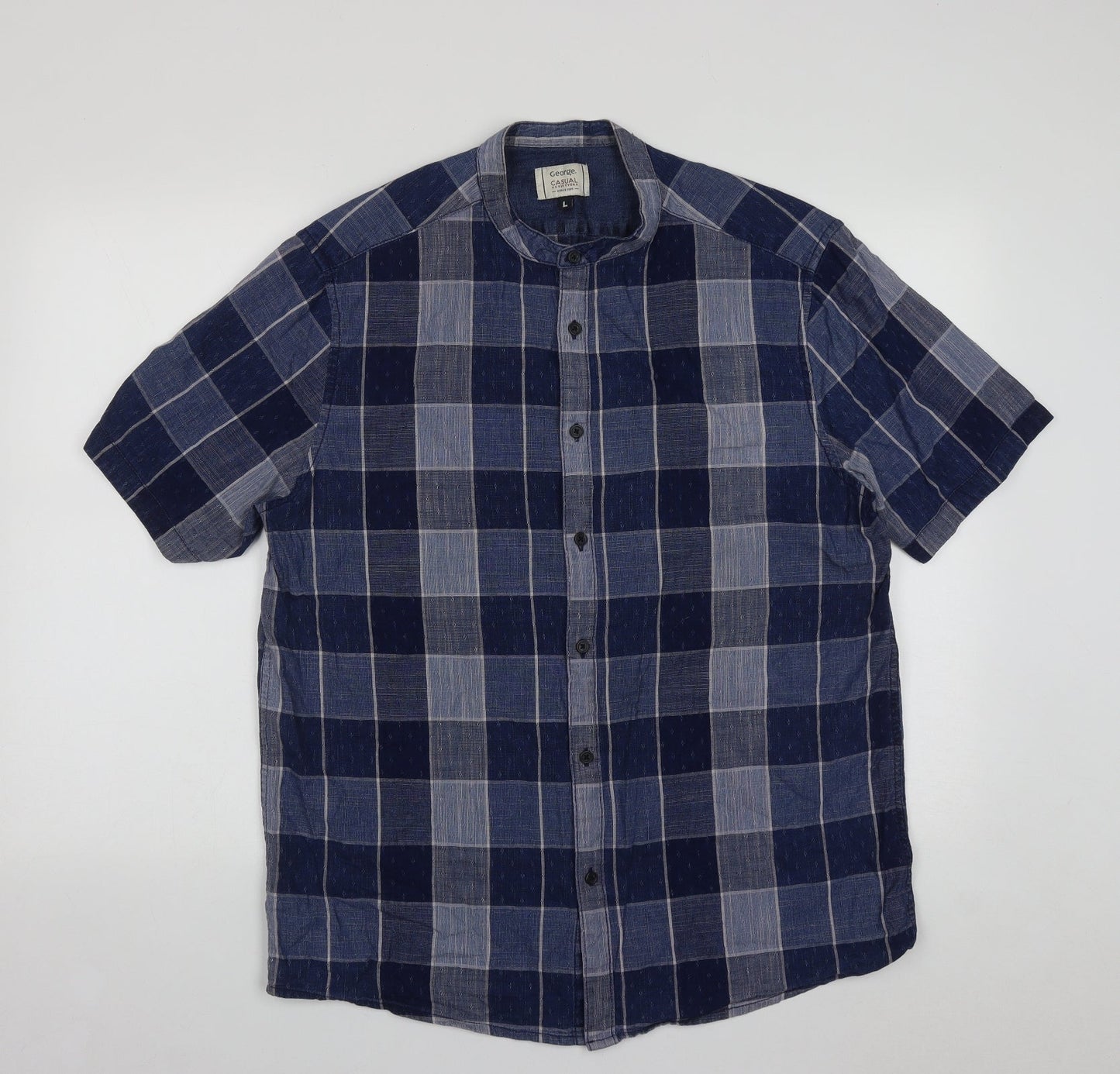 George Mens Blue Plaid Cotton  Button-Up Size L Collared Button