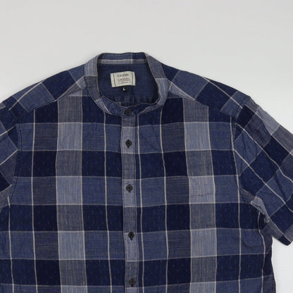 George Mens Blue Plaid Cotton  Button-Up Size L Collared Button