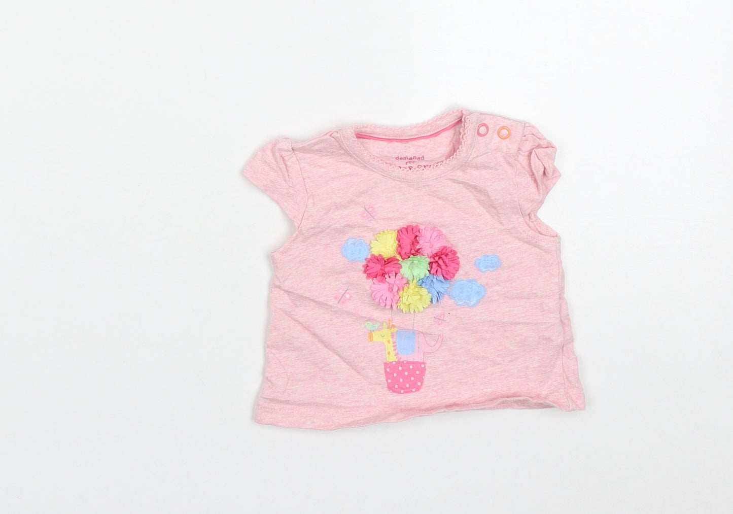 F&F Girls Pink  Cotton Basic T-Shirt Size 0-3 Months Round Neck Button - Animal