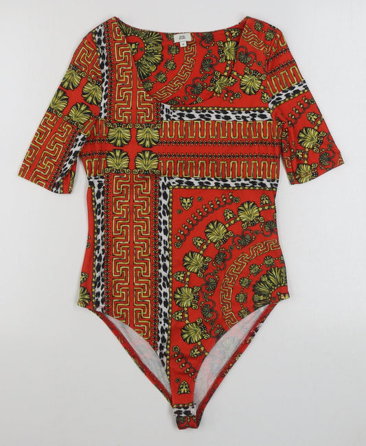 River Island Womens Red Geometric Polyester Bodysuit One-Piece Size 8  Button