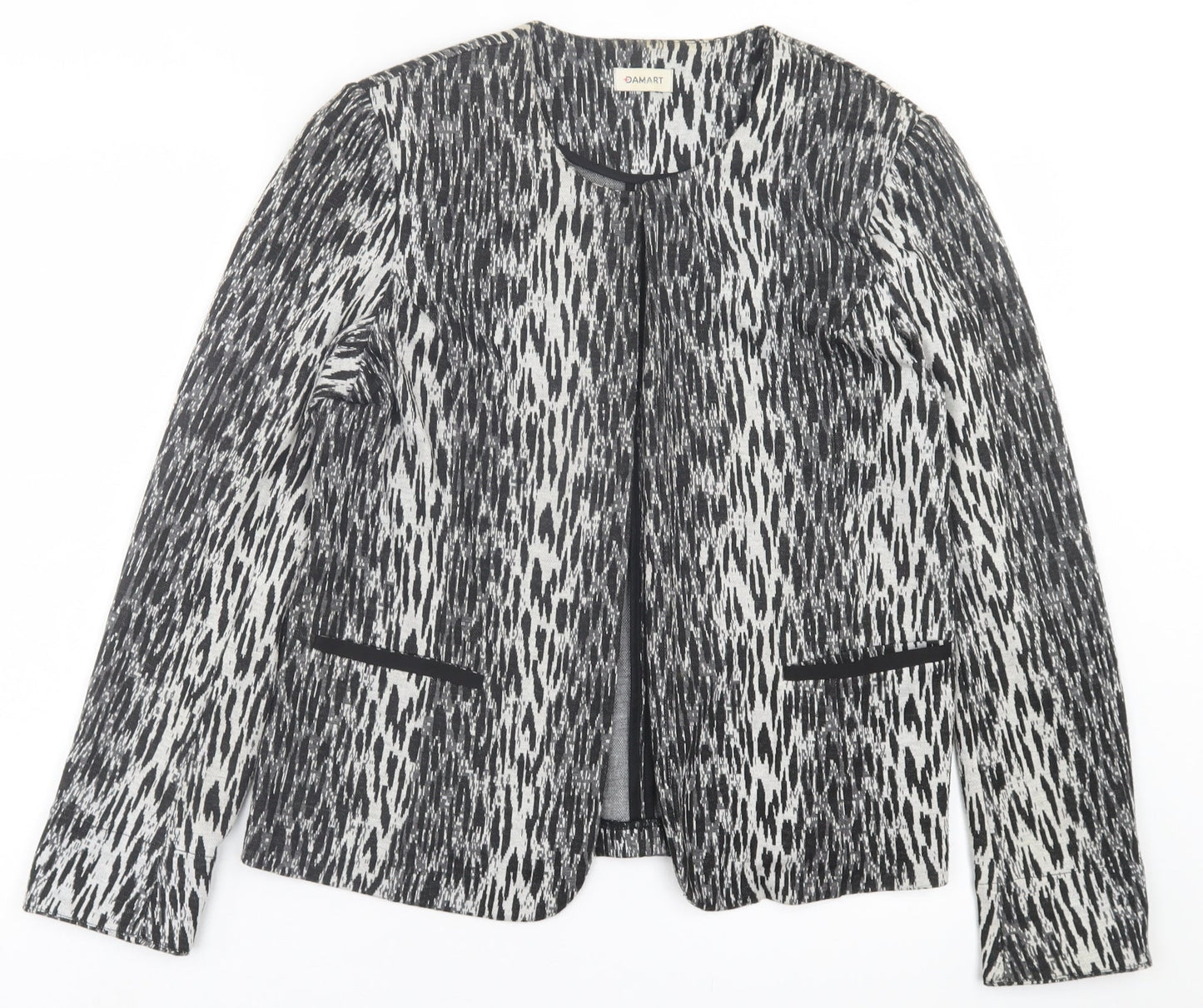 Damart Womens Black Geometric  Jacket Blazer Size 16  Hook & Eye