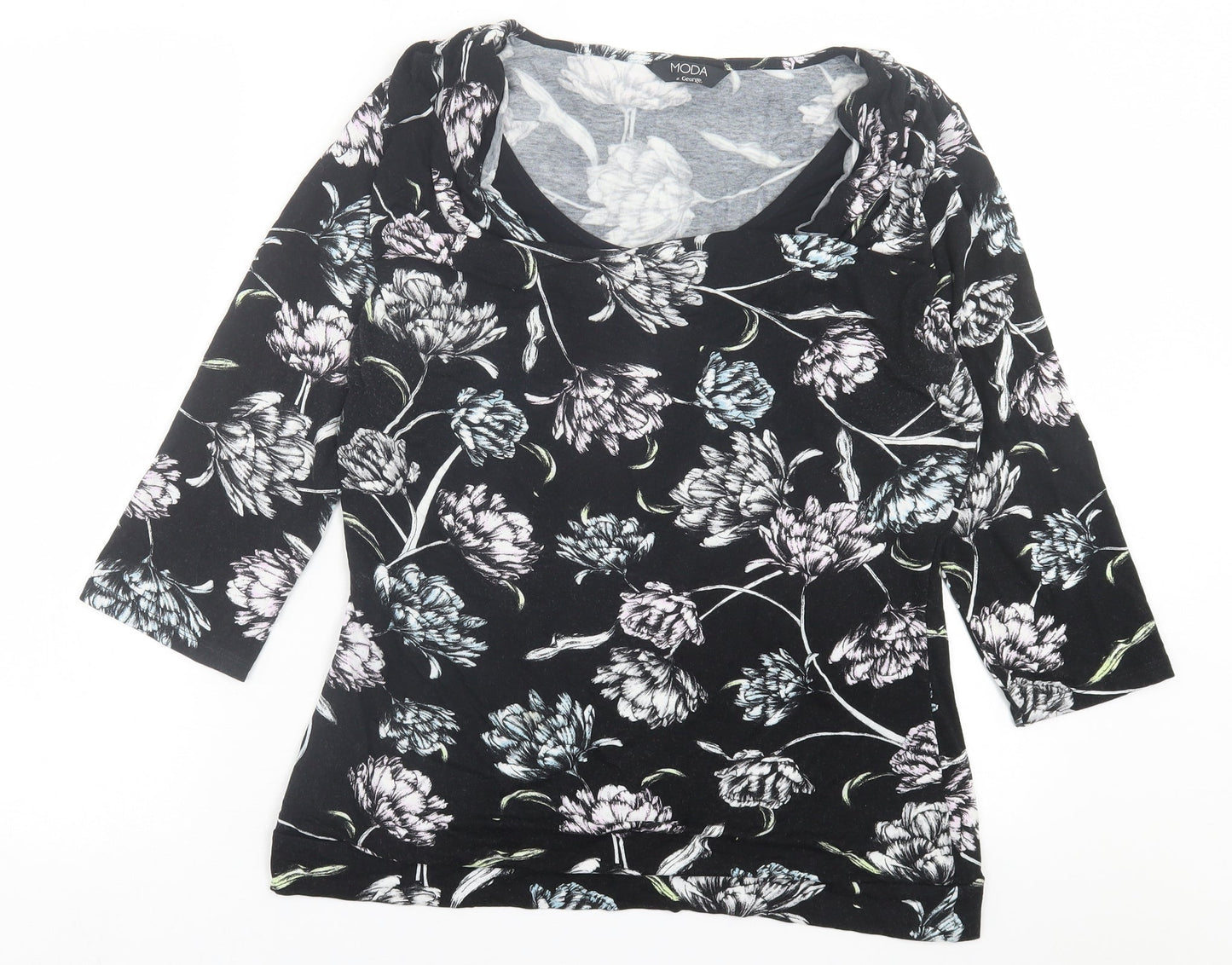 George Womens Black Floral Viscose Basic T-Shirt Size 16 Scoop Neck