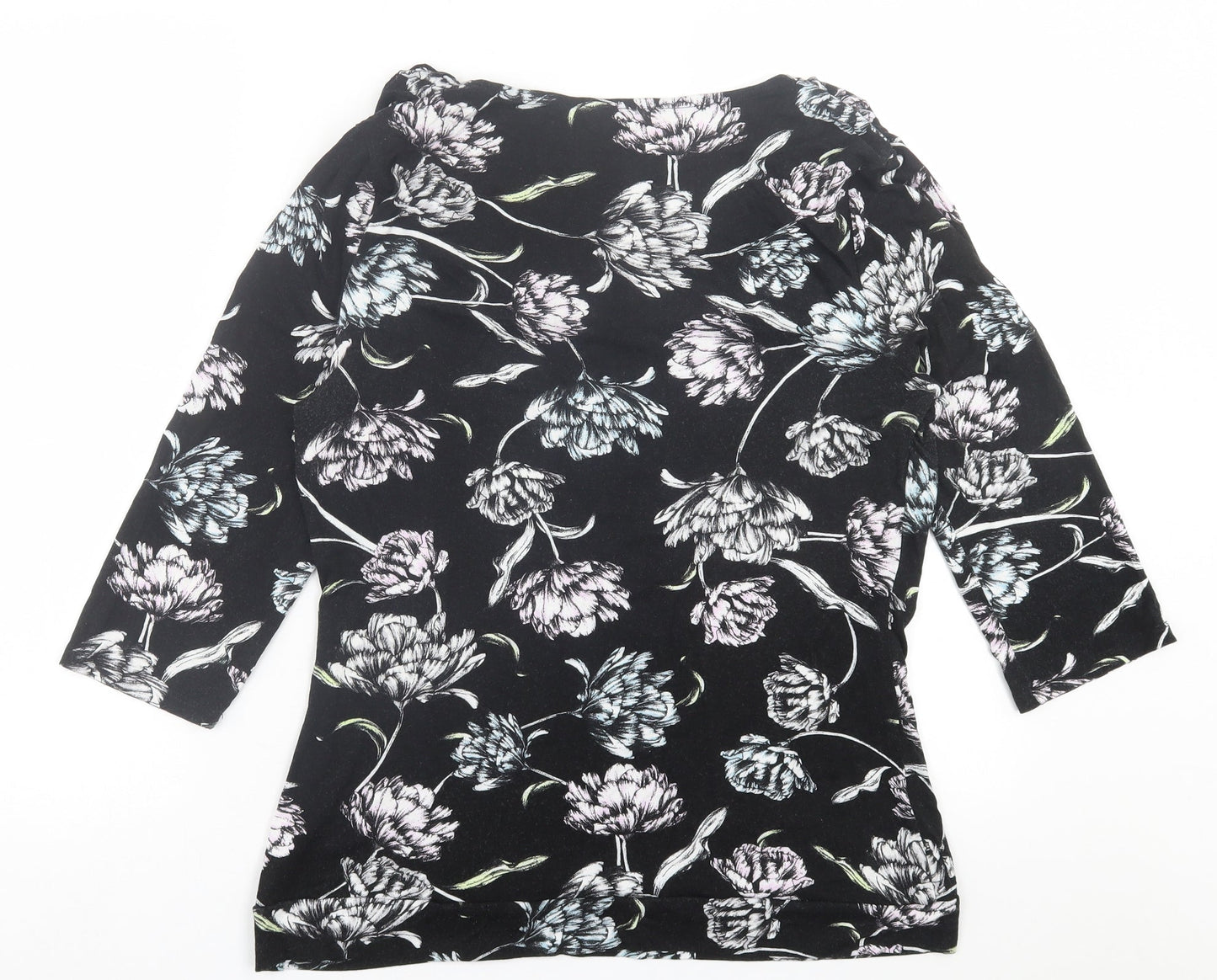 George Womens Black Floral Viscose Basic T-Shirt Size 16 Scoop Neck