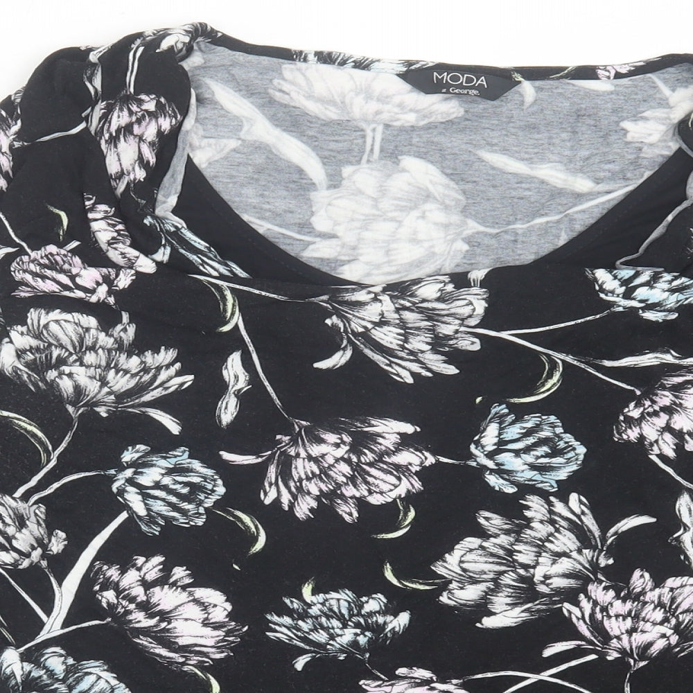 George Womens Black Floral Viscose Basic T-Shirt Size 16 Scoop Neck