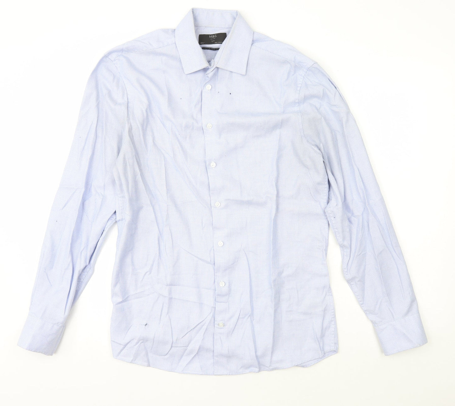 Marks and Spencer Mens Blue Check Cotton  T-Shirt Size 15.5 Collared