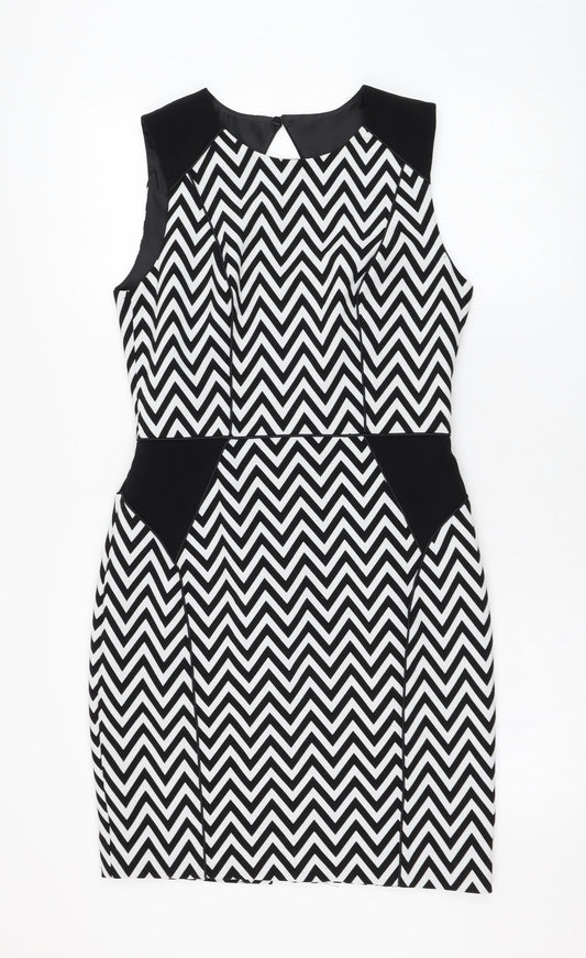 H&M Womens White Striped Polyester Pencil Dress  Size 10  Round Neck Button