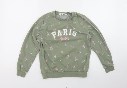 H&M Girls Green Floral Cotton Pullover Sweatshirt    - Paris
