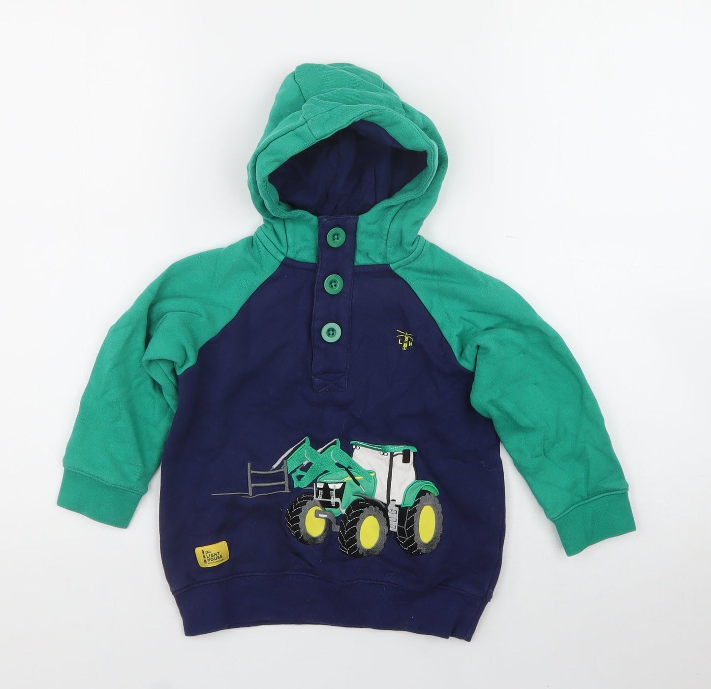 Little Light House Boys Blue  100% Cotton Henley Hoodie    - Tractor