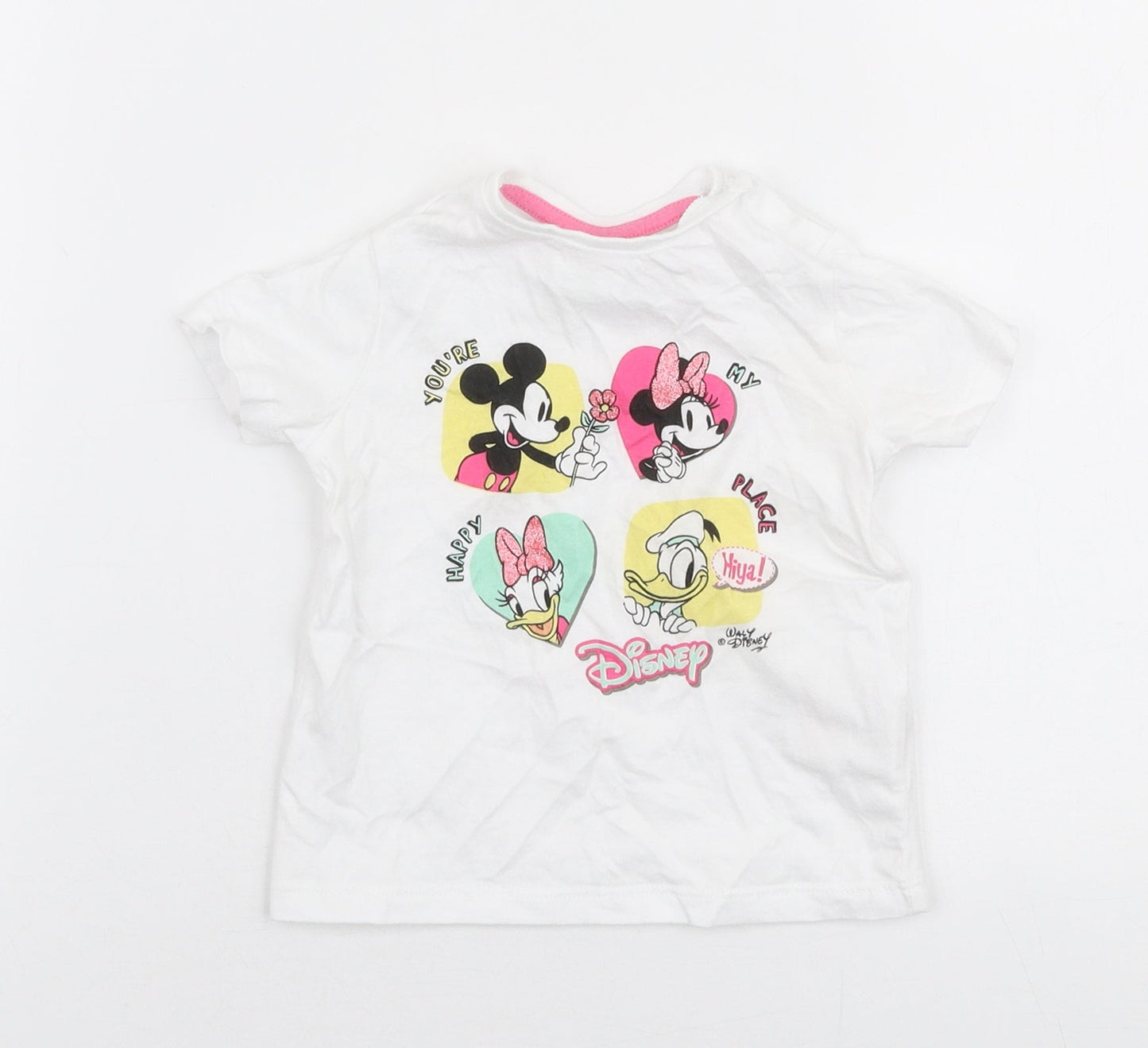 F&F Girls White  Cotton Jersey T-Shirt Size 6-9 Months Round Neck Snap - Disney