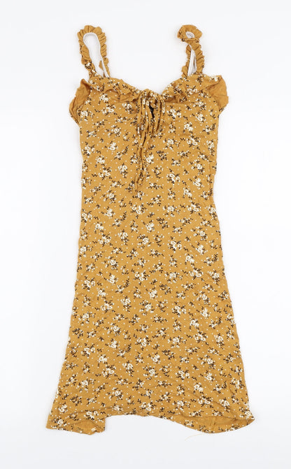 PRETTYLITTLETHING Womens Yellow Floral Viscose A-Line  Size 6  Sweetheart Pullover