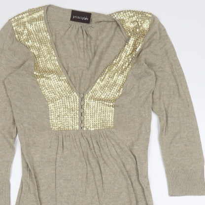 Principles Womens Gold Geometric Cotton Skater Dress  Size 10  V-Neck Button