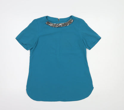 Dunnes Stores Womens Blue  Polyester Basic Blouse Size 10 Round Neck - Embellished Neckline