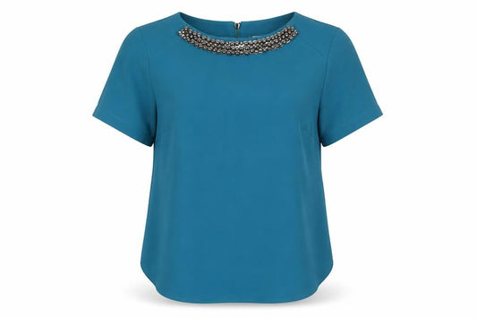 Dunnes Stores Womens Blue  Polyester Basic Blouse Size 10 Round Neck - Embellished Neckline