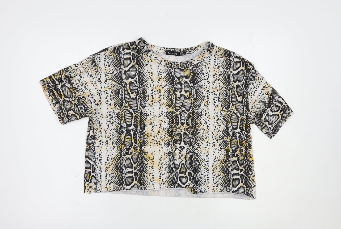 Boohoo Womens White Animal Print Polyester Cropped T-Shirt Size 10 Crew Neck