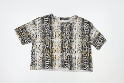 Boohoo Womens White Animal Print Polyester Cropped T-Shirt Size 10 Crew Neck