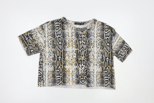 Boohoo Womens White Animal Print Polyester Cropped T-Shirt Size 10 Crew Neck