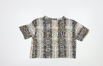 Boohoo Womens White Animal Print Polyester Cropped T-Shirt Size 10 Crew Neck