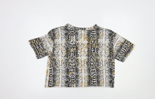 Boohoo Womens White Animal Print Polyester Cropped T-Shirt Size 10 Crew Neck