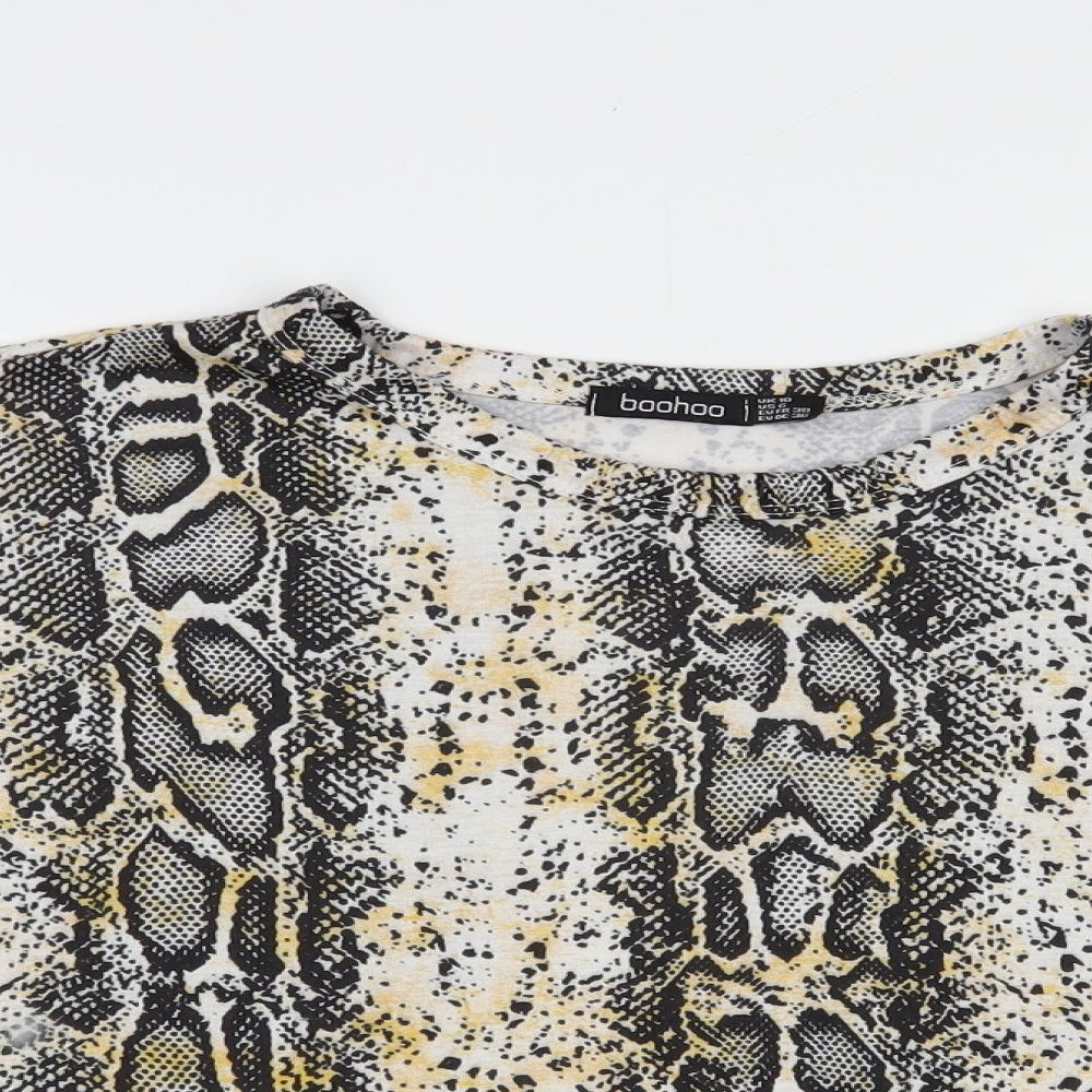 Boohoo Womens White Animal Print Polyester Cropped T-Shirt Size 10 Crew Neck