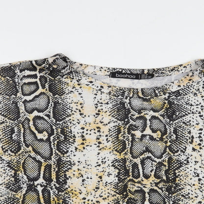 Boohoo Womens White Animal Print Polyester Cropped T-Shirt Size 10 Crew Neck