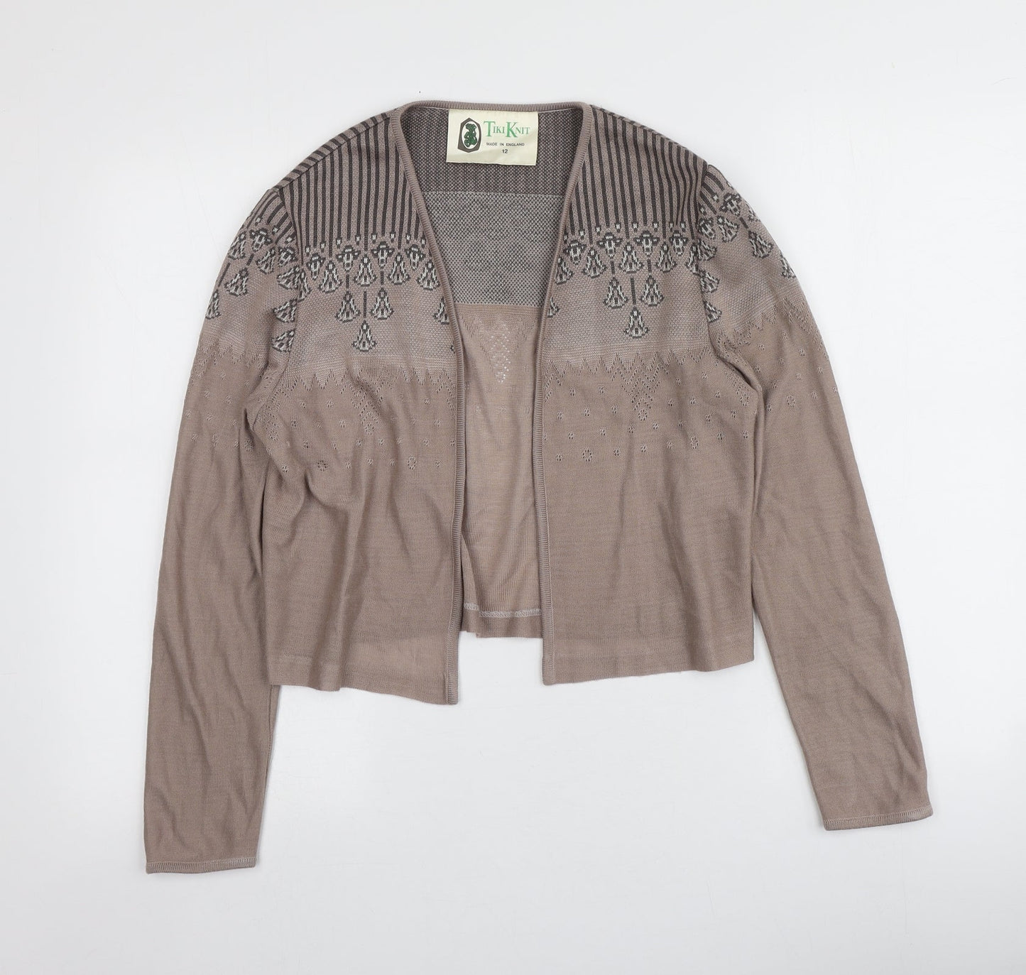 Tiki Knit Womens Brown V-Neck Geometric Acrylic Cardigan Jumper Size 12