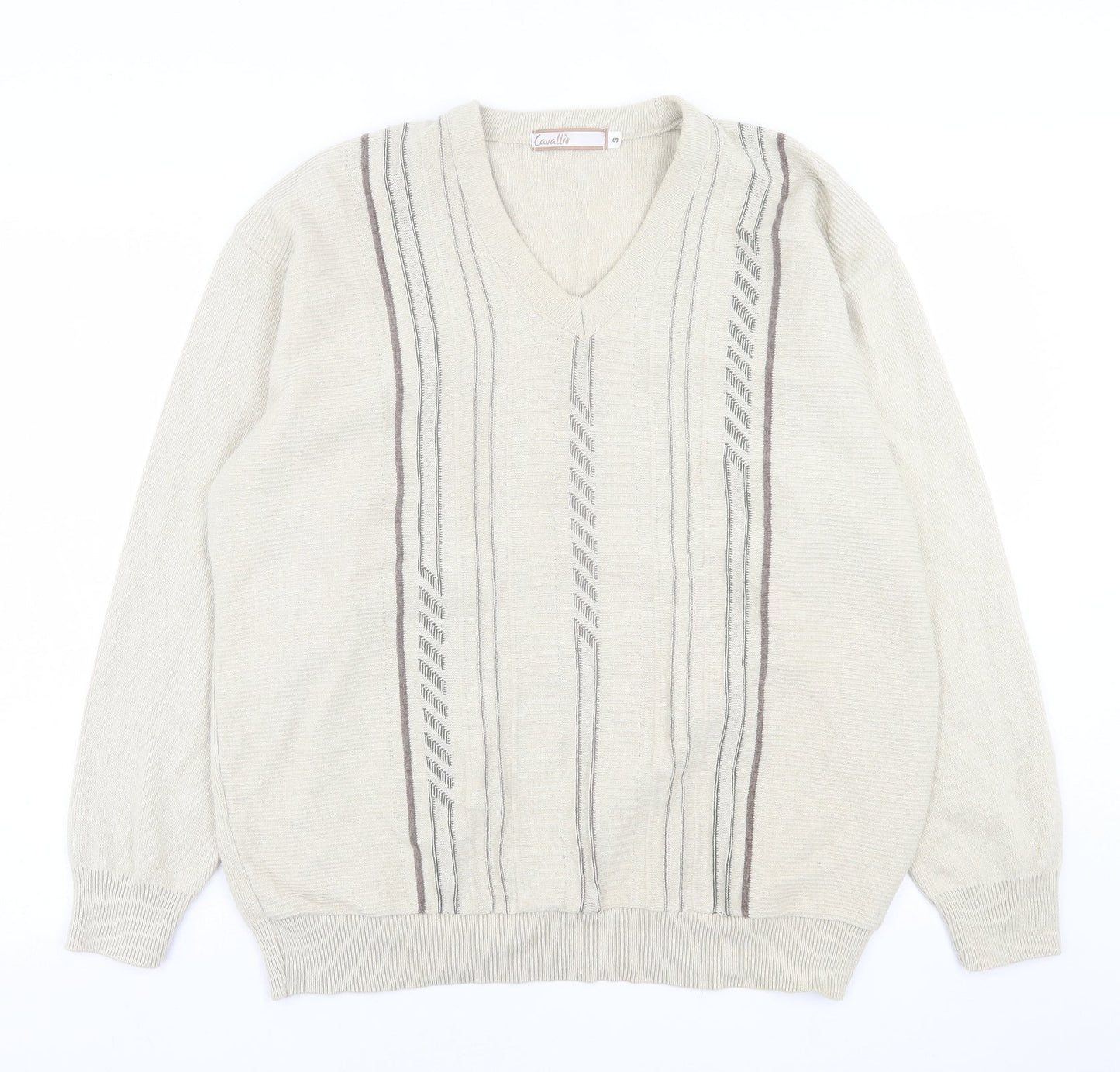 Cavallo Mens Beige V-Neck Striped Cotton Pullover Jumper Size S