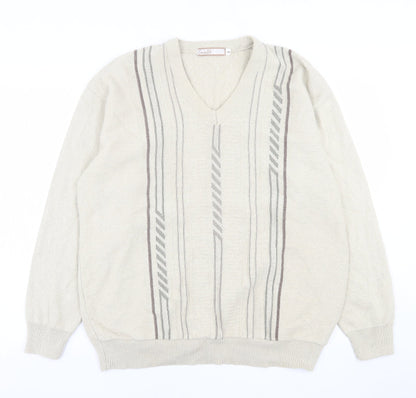 Cavallo Mens Beige V-Neck Striped Cotton Pullover Jumper Size S