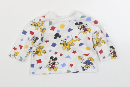 Prinark  White Geometric 100% Cotton Basic T-Shirt Size 0-3 Months Round Neck Button - Mickey & Friends