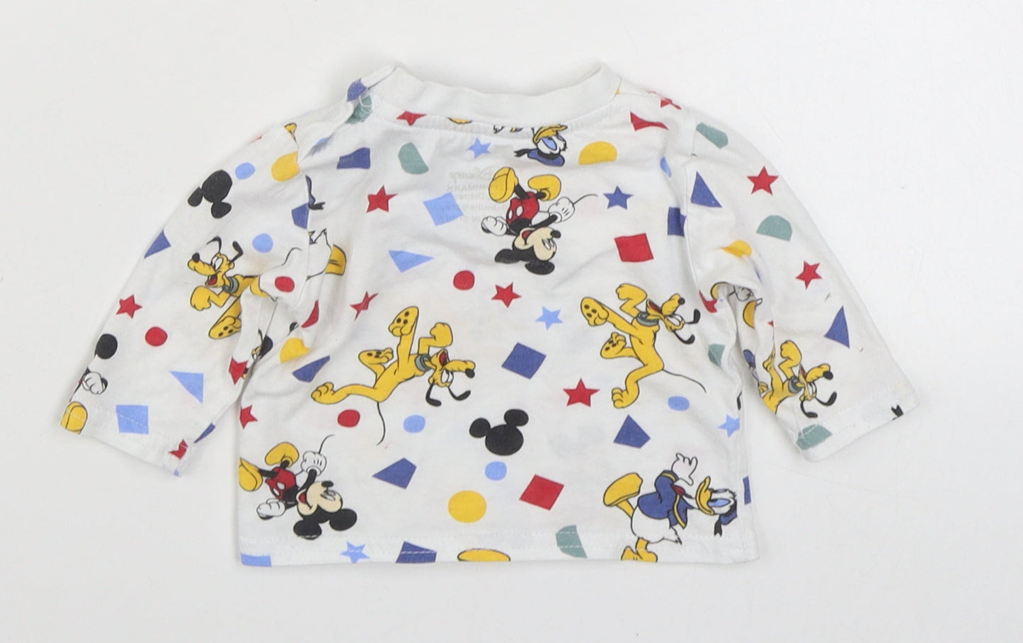 Prinark  White Geometric 100% Cotton Basic T-Shirt Size 0-3 Months Round Neck Button - Mickey & Friends
